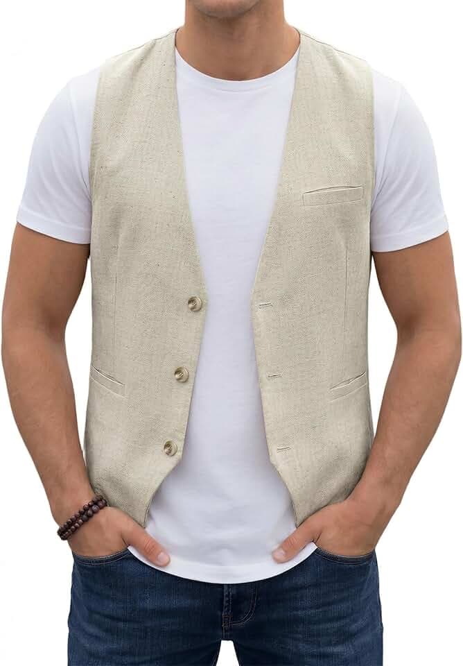 HISDERN Gilet d'été pour homme coton et lin avec poches léger et respirant