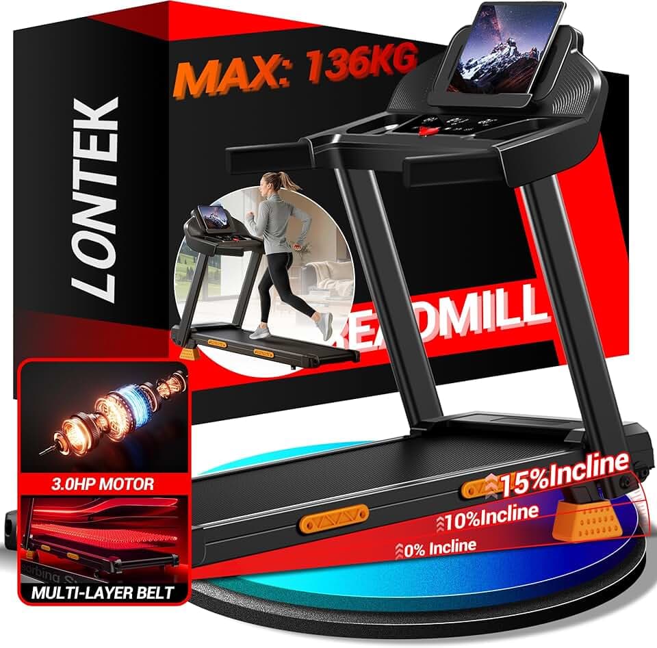 LONTEK Tapis de Course Pliable Inclinable 15%,Tapis de Marche Inclinable 12KM/H,Treadmill Home avec Moteur 3,0 CV et Affichage LED, Charge Max. 136KG