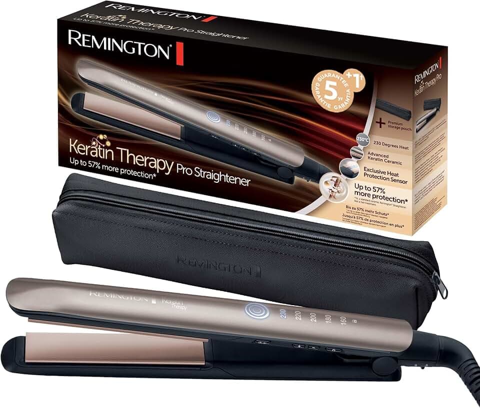 Remington Lisseur Cheveux [Innovation: Capteur de Protection contre la chaleur] Keratin Therapy (Soin Kératine & Huile d'Amande, Céramique, Ecran LCD, 160-230°C, pochette) Fer à lisser S8593