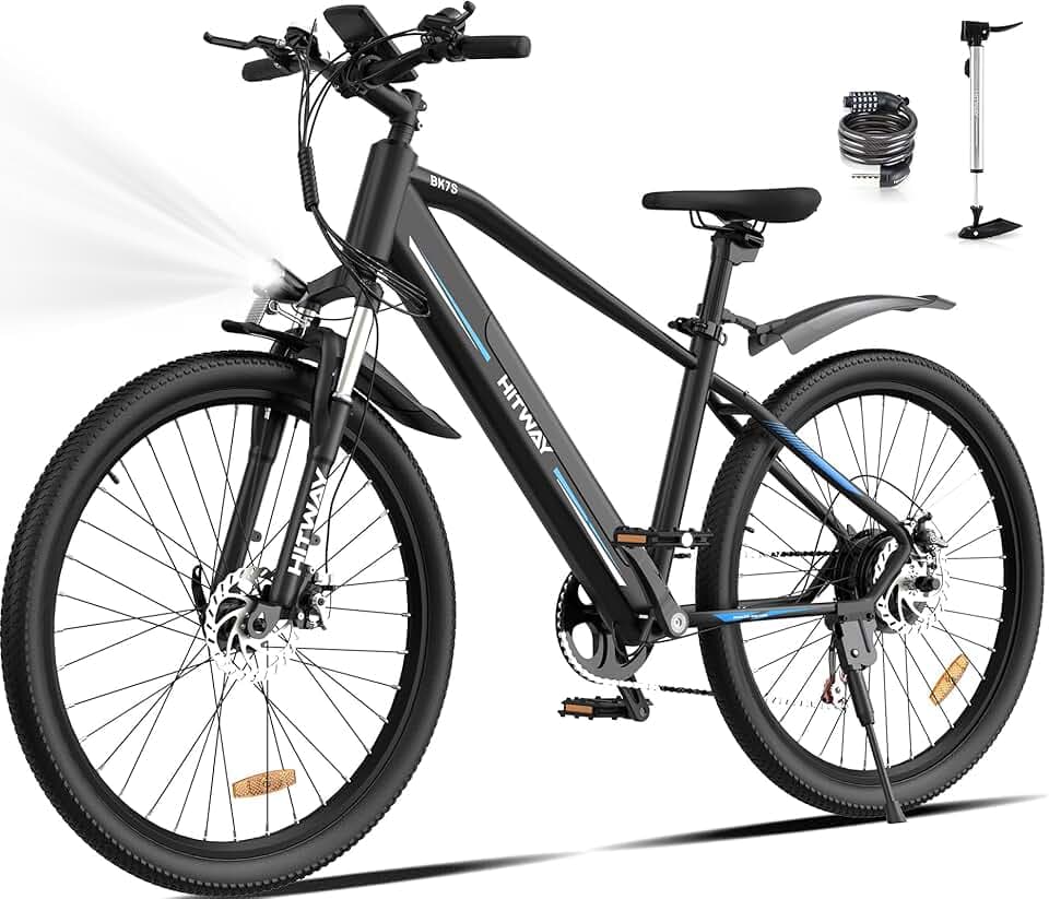 HITWAY 26" vélo électrique, Velo Electrique Homme, VTT Electrique Adulte Homme, vélo de Trekking électrique avec Batterie 36V 12Ah, Moteur arrière 250W, EBike avec Transmission 7 Vitesses, Pedelec.