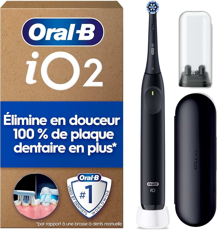 Oral-B Brosse à Dents Electrique iO 2 avec 1 Brossette de Rechange, Noire – 3 Modes de Brossage Silencieux dont Douceur, Capteur de Pression sur les Gencives, Batterie Rechargeable, Etui, Chargeur