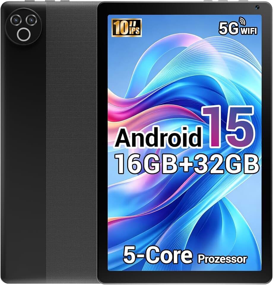Tablette 10 Pouces Android 15 2026, 16 Go RAM, Processeur 5 cœurs, Écran HD IPS 1280x800, Double caméra, WiFi 6 5G, Bluetooth 5.4, Batterie 5000mAh