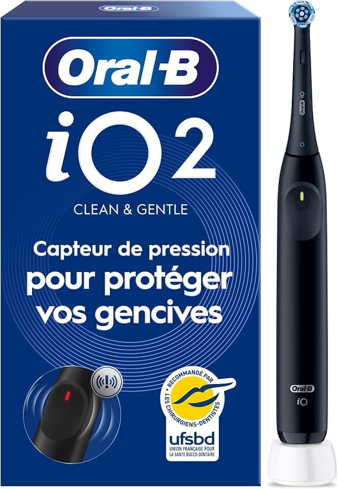 Oral-B Brosse à Dents Electrique iO 2 avec 1 Brossette de Rechange, Noire | 3 Modes de Brossage dont Douceur, Capteur de Pression sur les Gencives, Batterie Rechargeable, Silencieuse