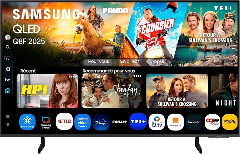 Samsung TV AI 43 Pouces QLED 43Q8F 4K Smart TV, Quantum Dots, Q4 AI Processor, WiFi, Airplay, HDR, Q-Symphony, OTS Lite, Knox Security, Gaming Hub, Bixby, Application opérateurs intégrées
