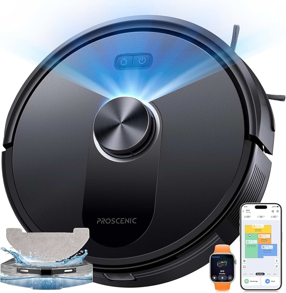 Proscenic Robot Aspirateur Laveur, 10000Pa 200Mins Aspirateur Robot avec Serpillière,Navigation Lidar,Multi-étage Cartographie,Évitement d'obstacles,Silencieux,pour Poils Animaux Tapis Sols Durs