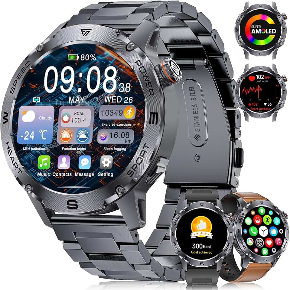 Montre Connectée Homme avec Appels Bluetooth:1.43'' Amoled Écran Smartwatch Homme avec 120 Modes Sport, IP68 Étanche Montre Fitness avec Fréquence Cardiaque/Moniteur de Sommeil pour Android iOS, Noir