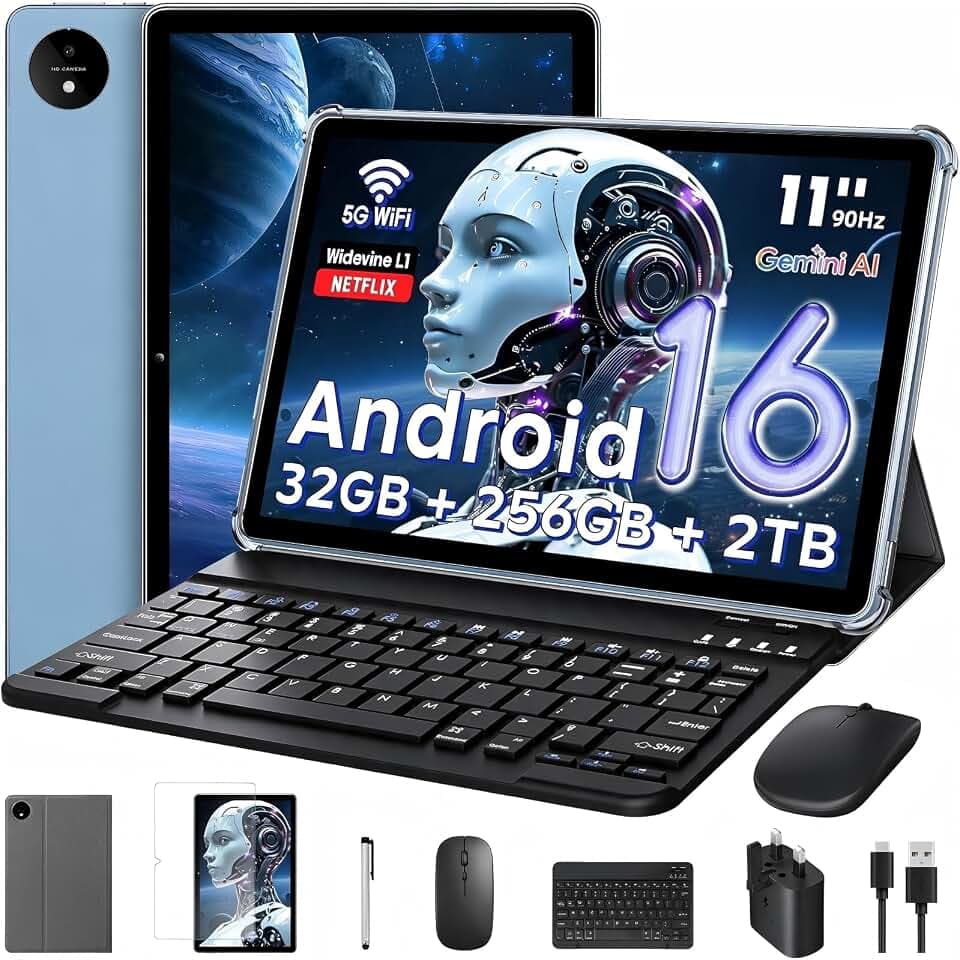 11 Pouces Tactile Android 16 Tablette avec Gemini AI|T7250 Octa-Core|32Go RAM+256Go ROM(TF2To)|16MP+8MP|1920x1200 IPS HD Display|Certifié Widevine L1|GPS|8000mAh|5G WiFi|Clavier+Souris+Coque (Bleu)