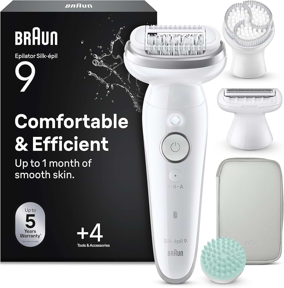 Braun Epilateur Electrique Femme Silk Epil 9 SkinSpa 9-080, Argent | Etanche, sans Fil, Tête Pivotante, Coffret Epilation Tout-en-Un, Sabot Tondeuse, Coussin de Massage, Brosse Exfoliante GreenCircle Certified: Certified Energy Savings