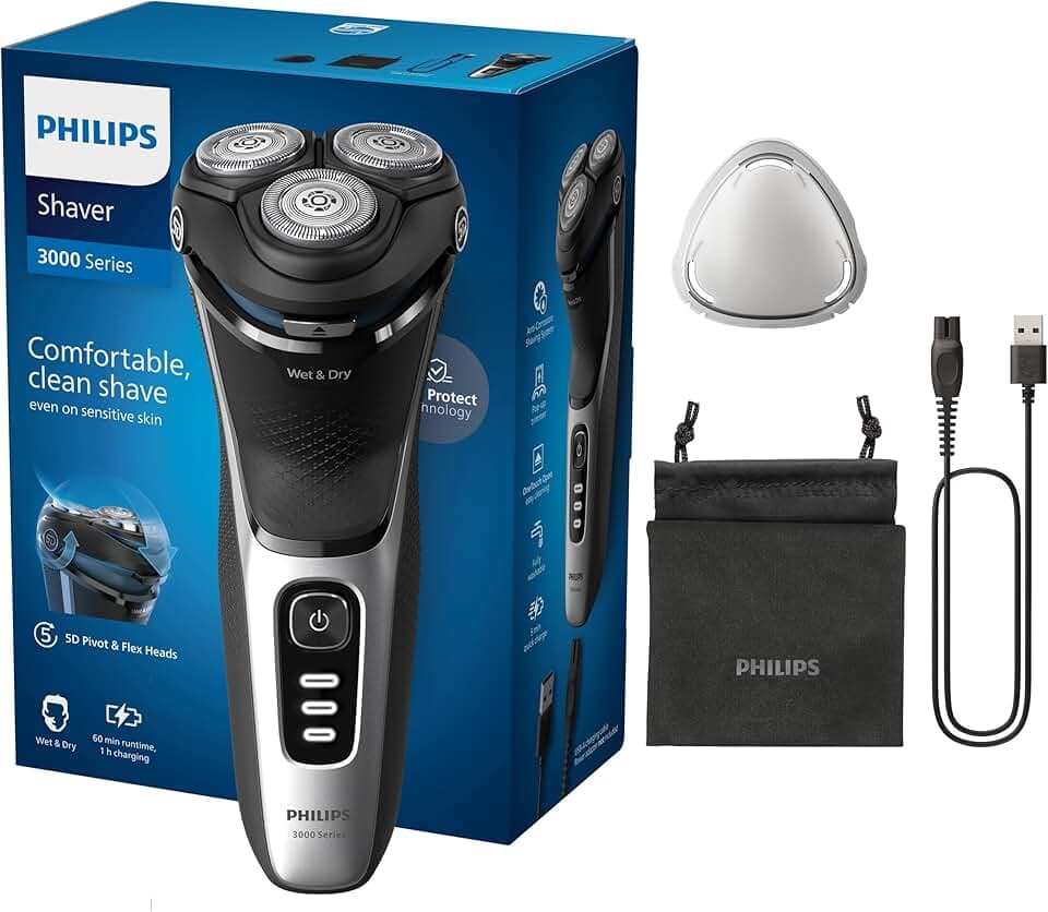 Philips Electric Shaver Series 3000 - rasoir électrique Wet & Dry pour hommes avec technologie SkinProtect, couleur Noir, tondeuse rétractable, rasoir sans fil avec housse de voyage (modèle S3241/12)