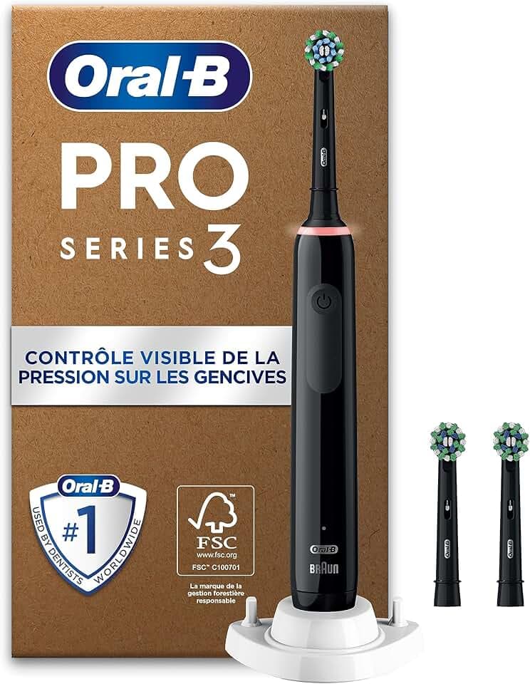 Oral-B Pro 3 Brosse À Dents Électrique Noire, Un Capteur De Pression Pour Protéger Les Gencives Sensibles, Des Accessoires, 3 Brossettes De Rechange, Douces Et Rondes, 1 Chargeur, Emballage En Carton