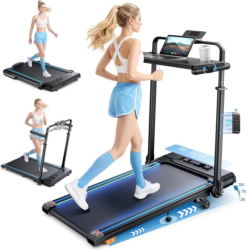 Tapis de Course Pliable Inclinable 12%, 6 en 1 Tapis de Marche avec Table Amovible, Max 12 km/h, 3.0HP, Poignée Télescopique de 15 cm et Courroie Lumineuse RGB, Charge Max 150 kg