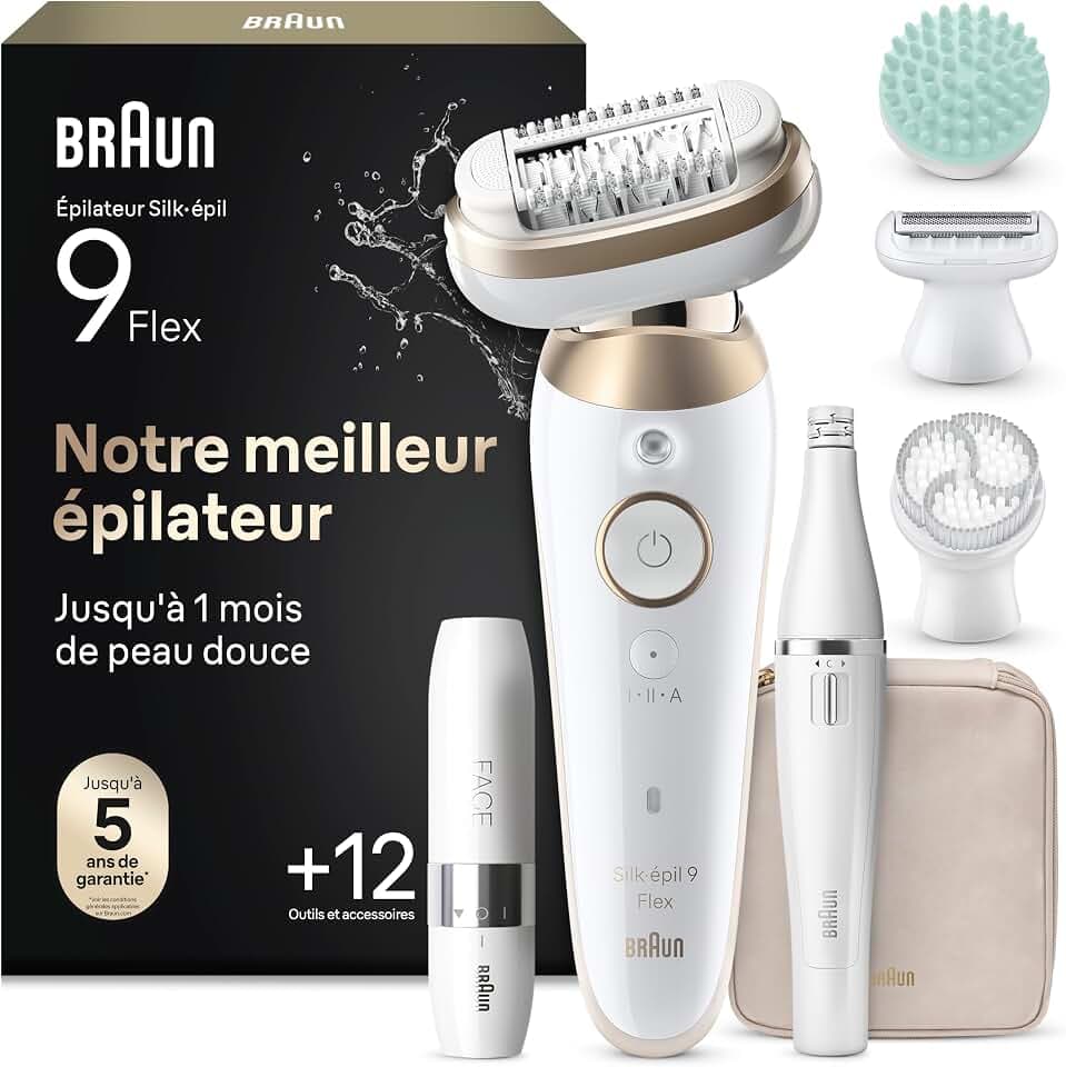 Braun Epilateur Electrique Femme Silk Epil 9, 9-681 3D FaceSpa, Blanc et Or | Etanche, Tête Flexible à 360°, Coffret Epilation Tout-en-Un, Mini Rasoir Visage, Brosse Exfoliante, Sabot Tondeuse GreenCircle Certified: Certified Energy Savings