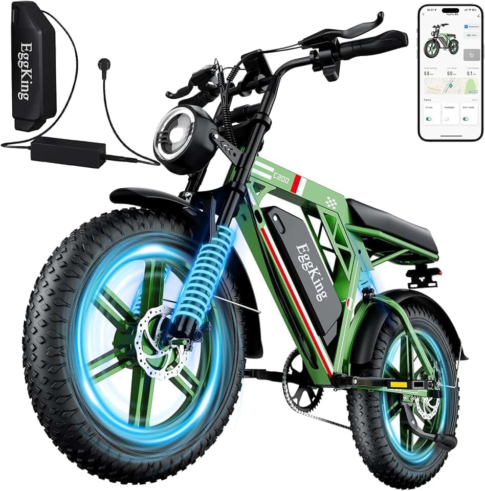 EGGKING Vélo électrique 20" x 4.0 Fat Tire, Double Suspension et 7 Vitesses Vélo Électrique, E-Bike pour Adultes, Batterie Amovible 48 V 17,5/15 Ah, Affichage et Contrôle APP