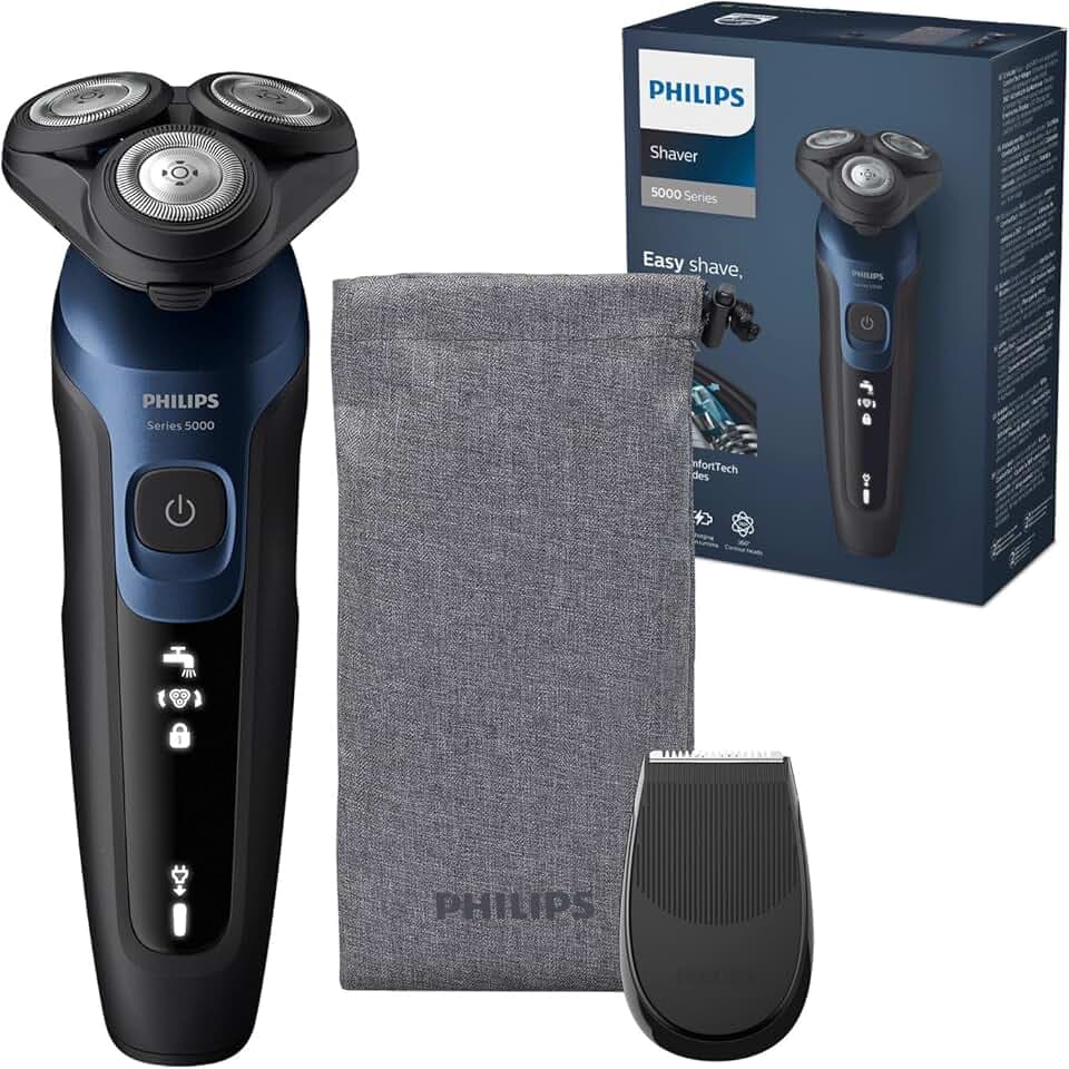 Philips Rasoir Series 5000 - rasoir électrique pour homme Wet & Dry bleu métallisé, avec tondeuse de précision et pochette souple de voyage (modèle S5465/18)