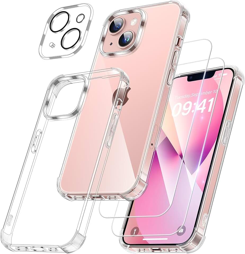 FLLAO 4 en 1 Coque pour iPhone 13 avec 2 Verre Trempé et 1 Caméra Protecteur, [Coussin d'air Intégré] Antichoc Antirayures Bumper Protection Housse pour iPhone 13 6.1", Transparent Global Recycled Standard