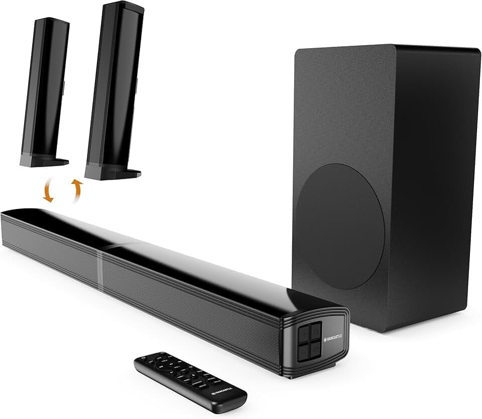 Oakcastle SB80 Xtra Barre de Son TV Bluetooth 5.3 | Conception Divisée 2 en 1 Barre de Son | 200W 2.1 Enceintes pour Téléviseur avec Caisson de Basses | Soundbar Home Cinema HDMI Arc
