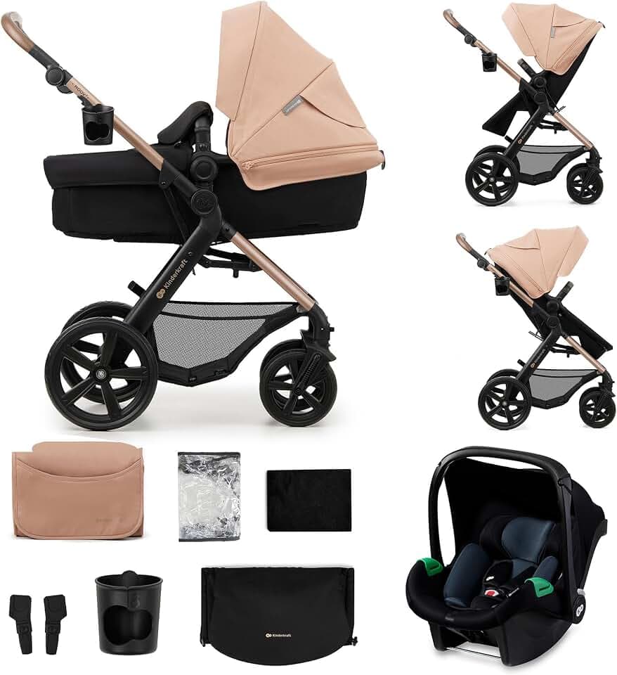 Kinderkraft, MOOV 2, Poussette 3 en 1 Travel System avec nacelle 2-en-1, siège auto i-Size, grandes roues increvables, poussette naissance jusqu’à 22 kg, Beige