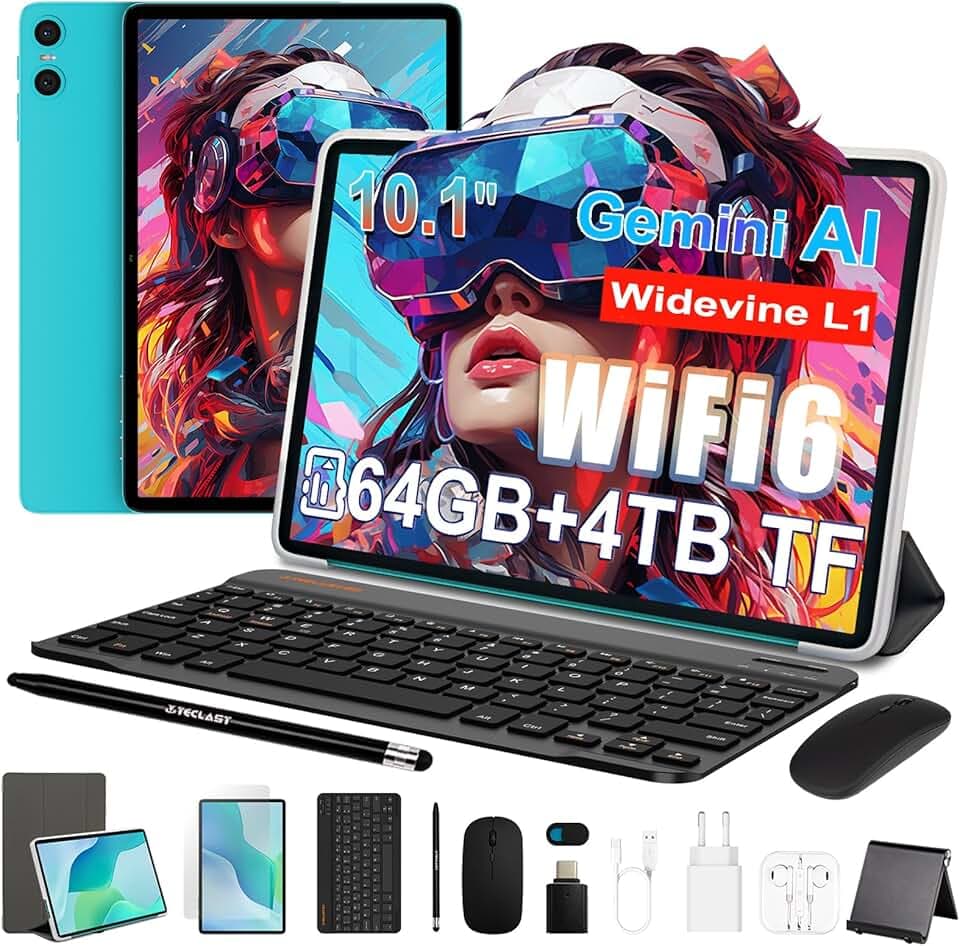 TECLAST P33 Tablette 10 Pouces Gemini AI, Android Tablette Tactile 10 Accessoires, 64Go + 4To TF, 2GHz Octa-Core, Widevine L1/6000mAh/WiFi 6/GPS, Tablet avec Clavier+Étui+Stylet+Souris+Écouteurs, 2026