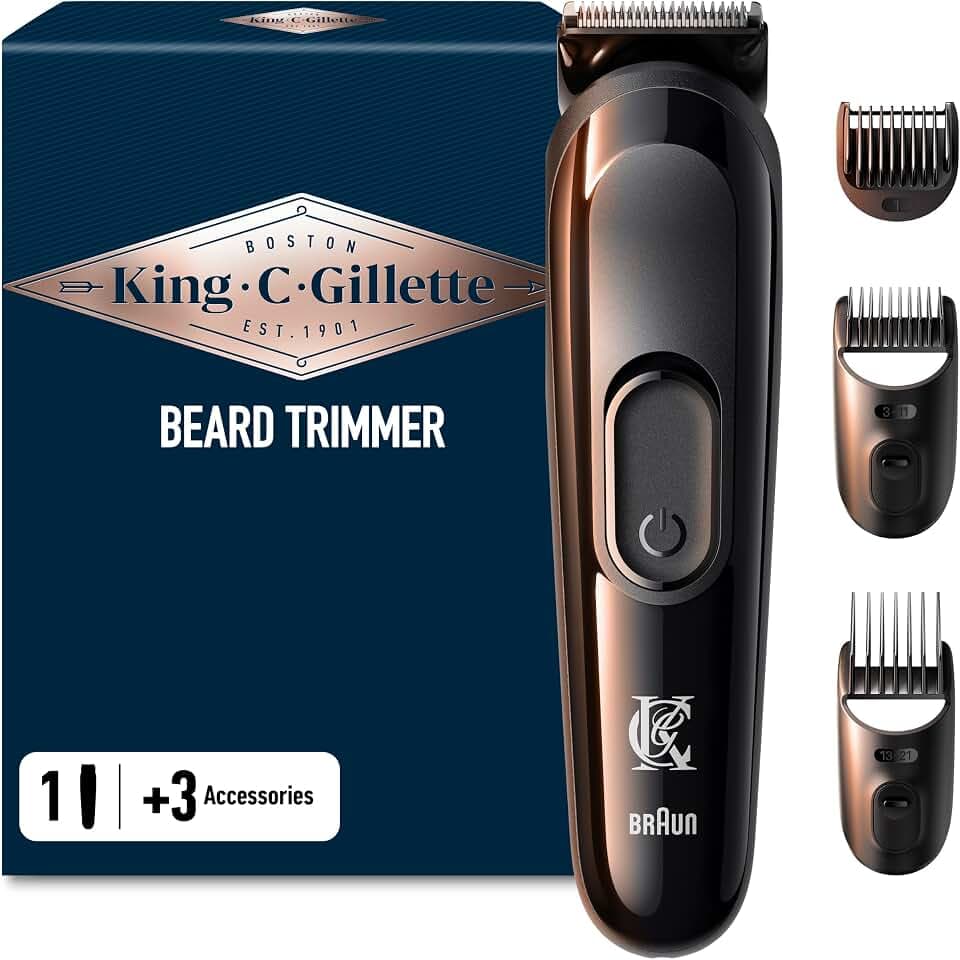 King C. Gillette Tondeuse Barbe Homme, 3 Sabots Interchangeables, Noire | sans Fil, Rechargeable, Coffret avec Peignes Lavables, Lames Inusables, 50 min d’Autonomie