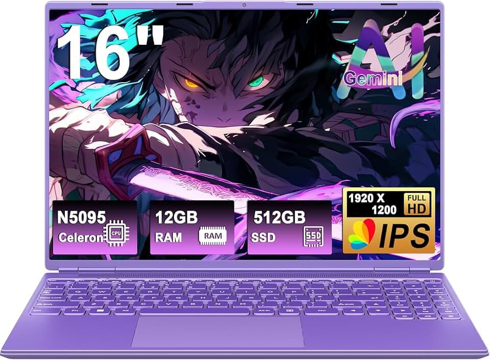 Ordinateur Portable Gaming 16 Pouces 12 + 512 Go Soutien Extension 1TB (HDD-2TB) 4 cœurs Celeron N5095 (jusqu'à 2,9 GHz)1920x1200 PC Gamer Portable,Laptop avec Écran 2K 2.4+5G WiFi Mini HDMI-Violet