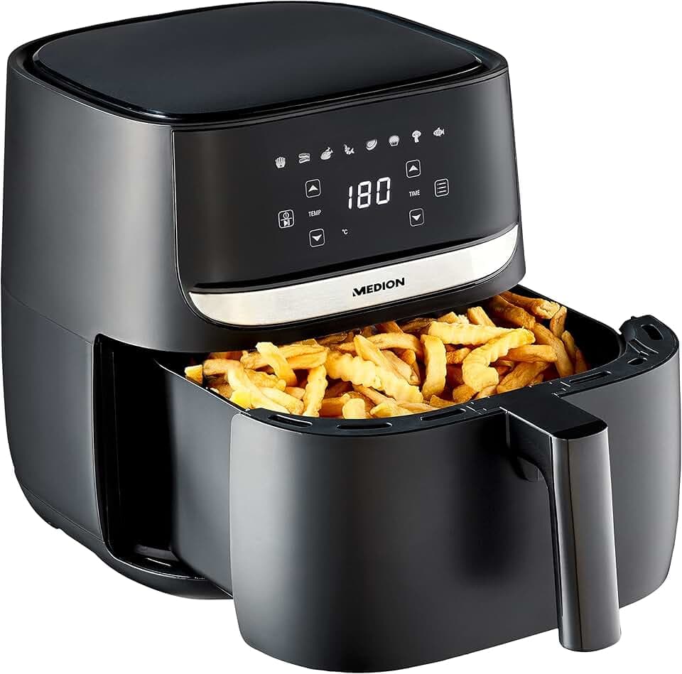 MEDION Air Fryer E50 XL (Friteuse sans huile à air chaud, capacité 5,7 L, 1700 W, 8 programmes automatiques, ecran tactile digital, régulation de la température et du temps, MD10532) noir