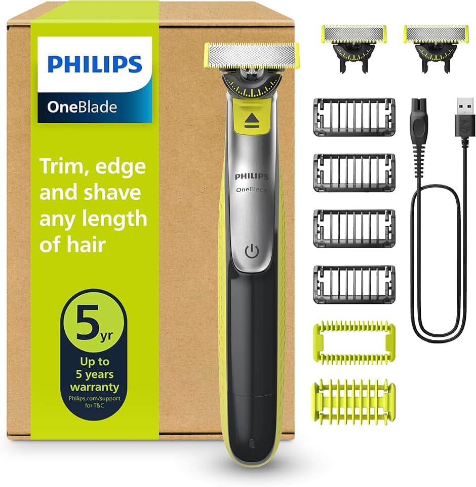 Philips OneBlade 360 Authentique Visage + Corps - Tondeuse à barbe électrique, tondeuse corps et rasoir avec technologie de lame 360, 2 lames 360, 4 sabots barbe de 3 jours, 1 kit Corps, QP2834/31