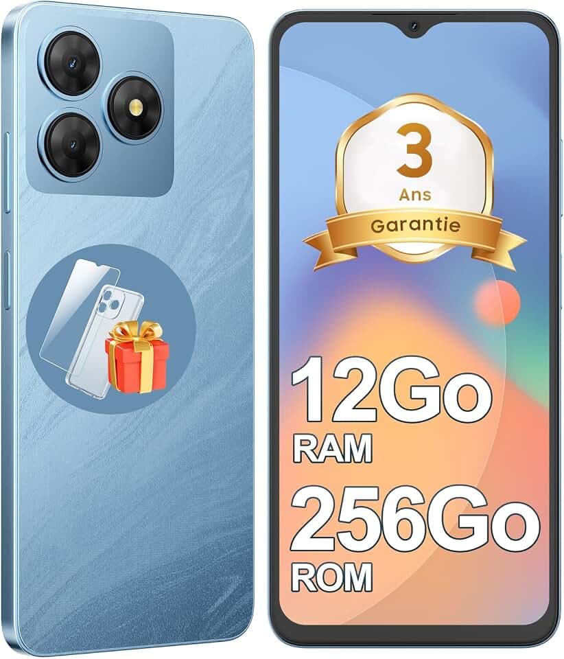 Téléphone Portable Pas Cher 12Go+256Go/TF 2To, Smartphone Android 4G Double SIM, Écran 6,56'' HD+ 90Hz, Batterie 5000mAh, Caméra AI 13MP+8MP, Face ID/OTG/GPS, Garantie 3 Ans - Bleu