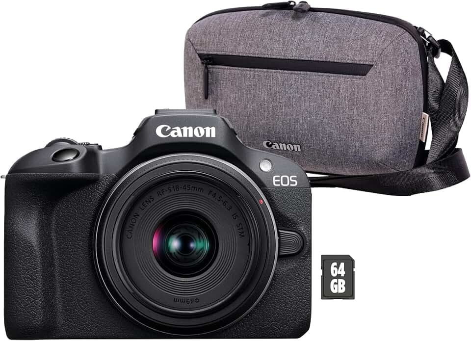 Canon EOS R100 Plus Objectif RF-S 18-45 mm F4.5-6.3 is STM Plus Sacoche pour Appareil Photo Plus Carte SD 64 Go (Appareil Photo numérique sans Miroir, caméra vidéo 4k, 24,1 mégapixels