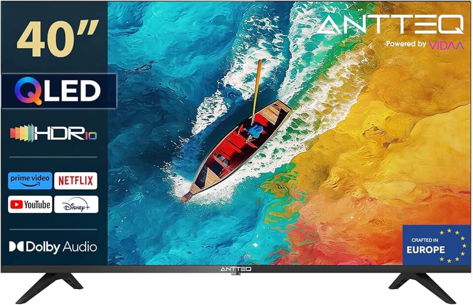 Antteq AV40F5Q 2K QLED FHD Smart TV 40 Pouces HDR10 Bluetooth avec Triple Tuner (DVB-C/-S2/-T2) App Store, Netflix, Prime Video, Rakuten TV, DAZN, Youtube