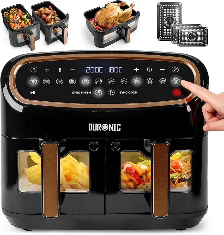 Duronic AF34 BG Air fryer 2400W avec 3 tiroirs de cuisson 10L et 5L | Cuisson saine sans huile 10 programmes préréglés 1 grand tiroir de 10 litres 2 tiroirs de 5 litres Friteuse à air électrique