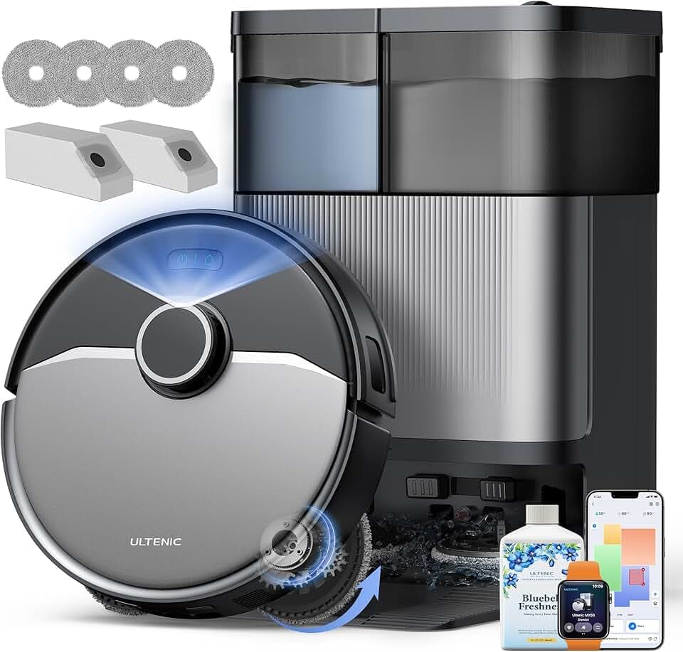 Ultenic Robot Aspirateur Laveur MX-50, 20 000PA, Robot Aspirateur 2 en 1, Station de Nettoyage Automatique Tout-en-Un, 180min Autonomie, Silencieux, Connecté WiFi/iWatch/Alexa, pour Sols Durs & Tapis