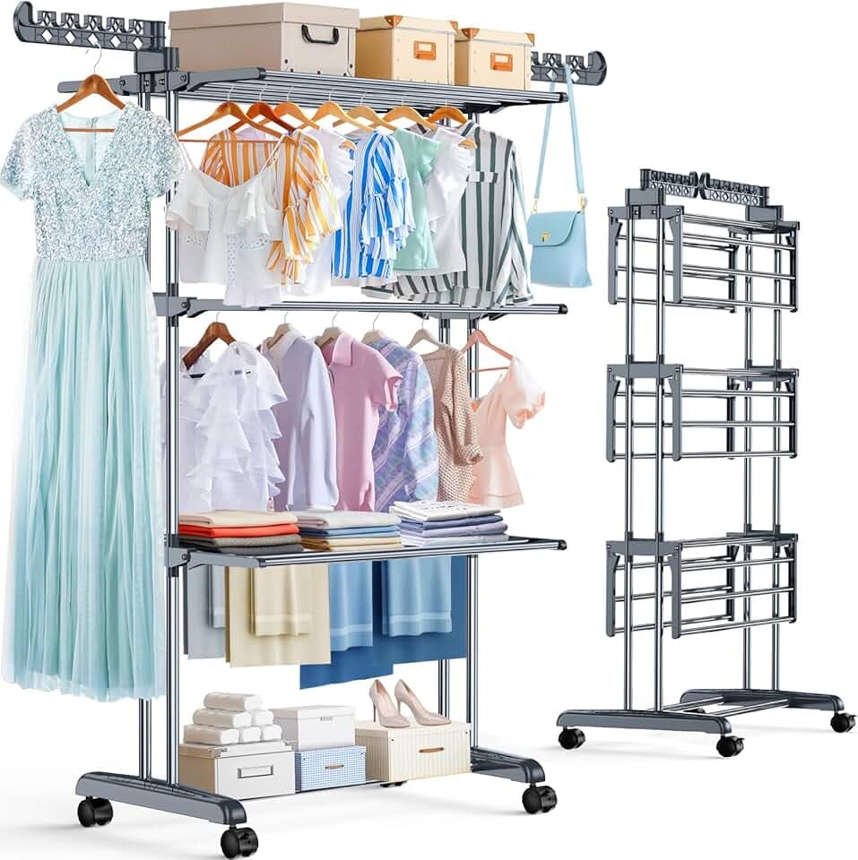 PurKeep Étendoir à Linge 4 Niveaux - Séchoir à Linge Pliable avec roulettes, Étendoir Linge Intérieur/Extérieur en Acier Inoxydable, Grand Séchoir à Linge pour Buanderie, Balcon, Gris et Noir