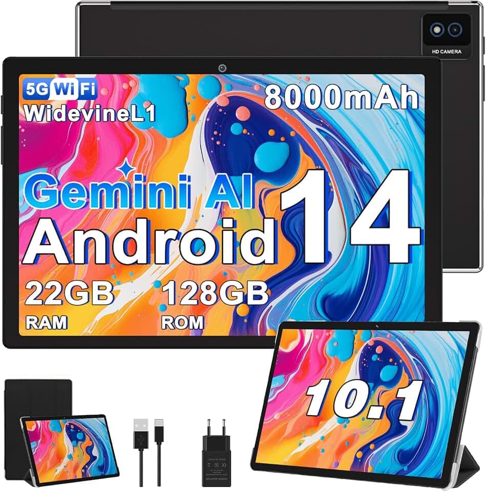 2026 Dernière Tablette Android Gemini AI, Tablette 10 Pouces 22Go RAM + 128Go ROM(TF 2To), avec 5G WiFi Octa-Core 2.0GHz, 8000mAh, GPS, Widevine L1, Tablette Tactile Noir