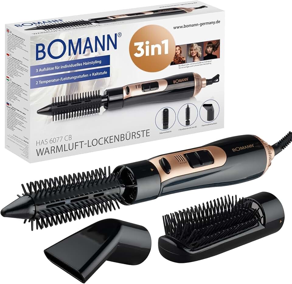 Bomann HAS 6077 CB Brosse à air chaud, 3 embouts, pour toutes les longueurs de cheveux, brosse à sèche-cheveux avec réglage froid pour Style-Fix, 2 niveaux, sèche-cheveux à brosse ronde, coiffeuse