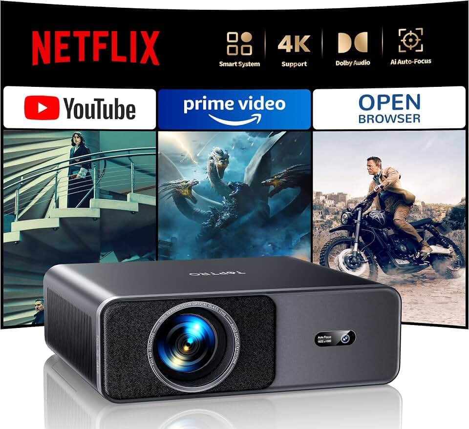 Vidéoprojecteur 4K【1000ANSI/Compatible Netflix/Dolby】 TOPTRO Projecteur Vidéo Auto Focus/Keystone WiFi6 Bluetooth, Smart Home Cinéma Projector FHD 1080P HDR10, Rétroprojecteur Extérieur Zoom 50%