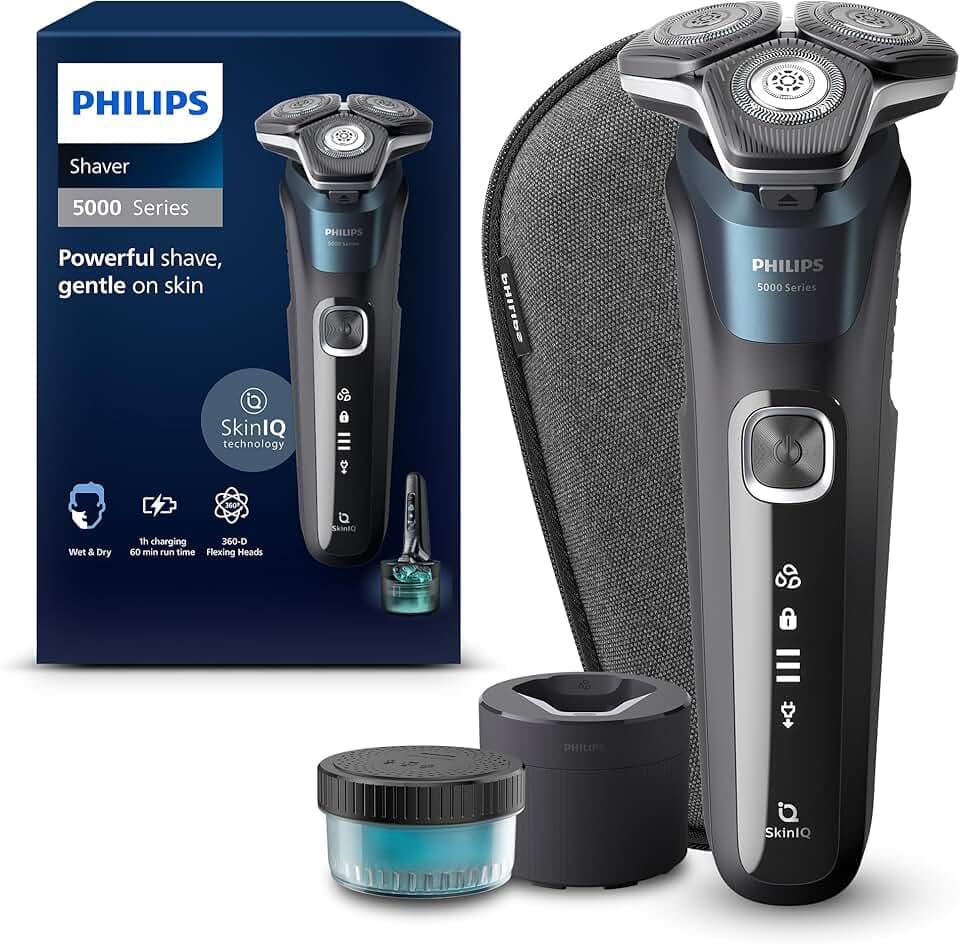 Philips Rasoir Series 5000 - rasoir électrique Wet & Dry avec technologie SkinIQ, tondeuse rétractable, coffret de voyage, Quick Cleaning Pod, bleu électrique, modèle S5889/50