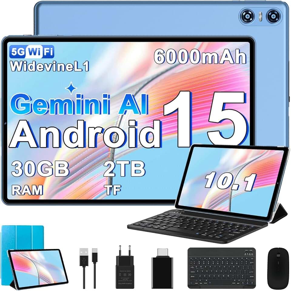 2026 Dernier Tablette 10 Pouces Android 15 avec Gemini AI, 30GO RAM (2TO TF), Octa-Core, 5G WiFi 6, Widevine L1, GMS, GPS, BT 5.0, 6000mAh, 5MP+8MP, Tablette avec Clavier+Souris et Cas - Bleu