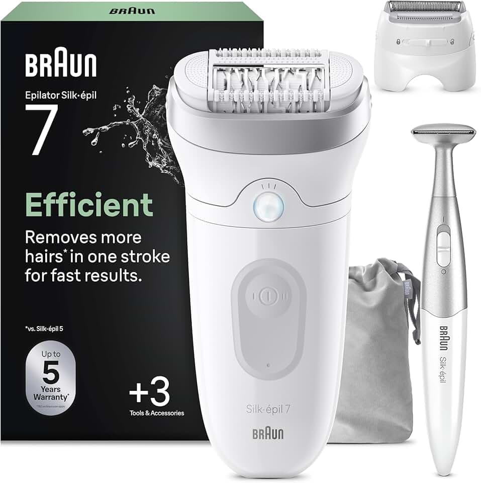 Braun Epilateur Electrique Femme Silk Epil 7 7-241, Argent – Etanche, sans Fil, Embout Rouleau de Massage, Coffret Epilation avec Tondeuse Intime, Tête de Rasage GreenCircle Certified: Certified Energy Savings