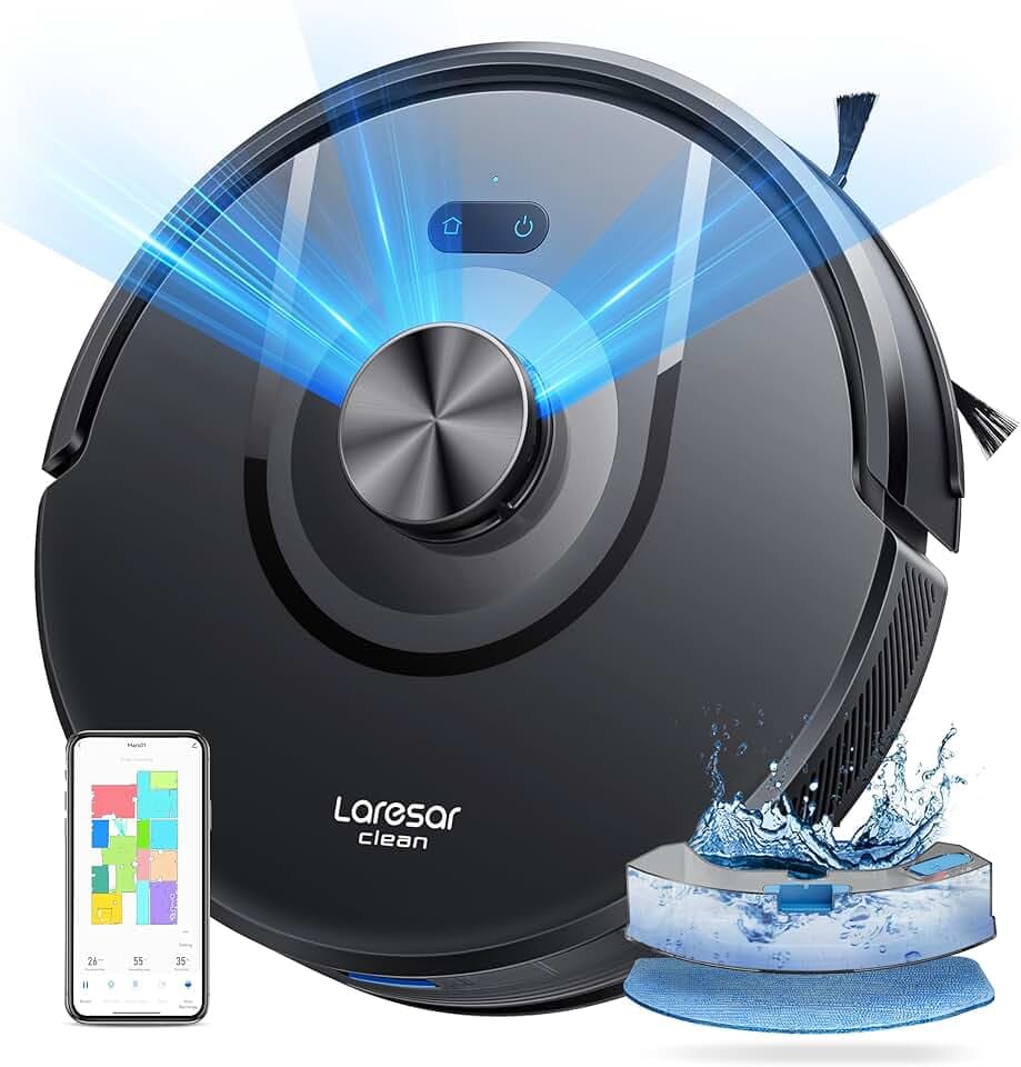 Aspirateur Robot, 8000Pa 200Mins Robot Aspirateur Navigation LiDAR Laveur, Robot Laveur de sol, Cartes Pour Sols Multiples, Commande Alexa/APP/WiFi, Idéal Pour Poils d’Animaux, Tapis et Sols Durs