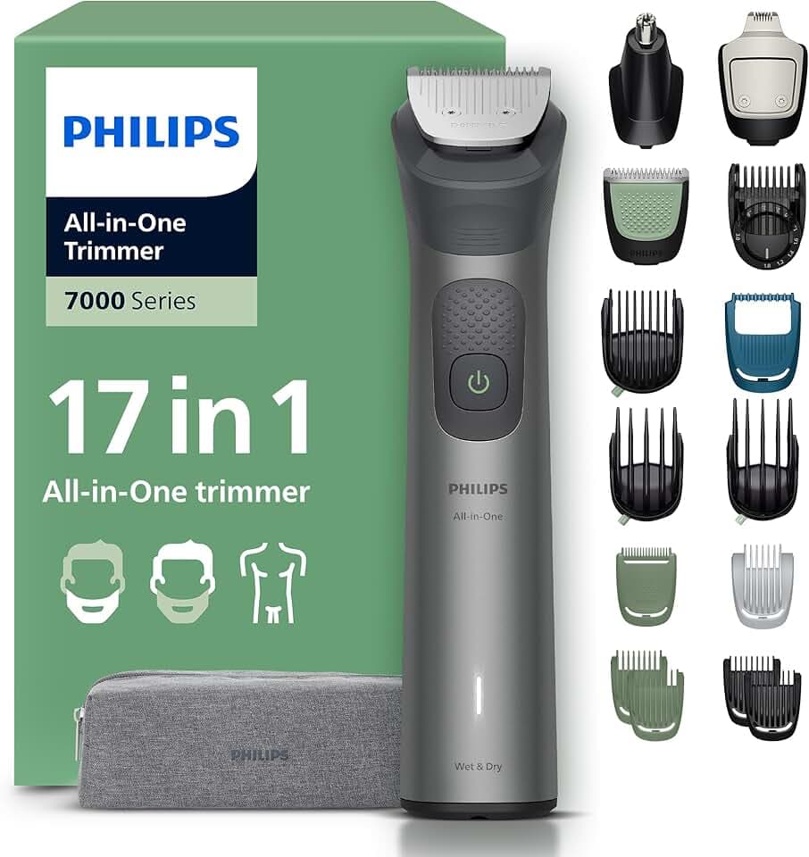 Philips Multigroom série 7000 Tondeuse tout-en-un 17 accessoires – tondeuse pour barbe, cheveux et corps, lames en métal auto-affûtées, 26 hauteurs de coupe (0,5-20 mm), modèle MG7961/15