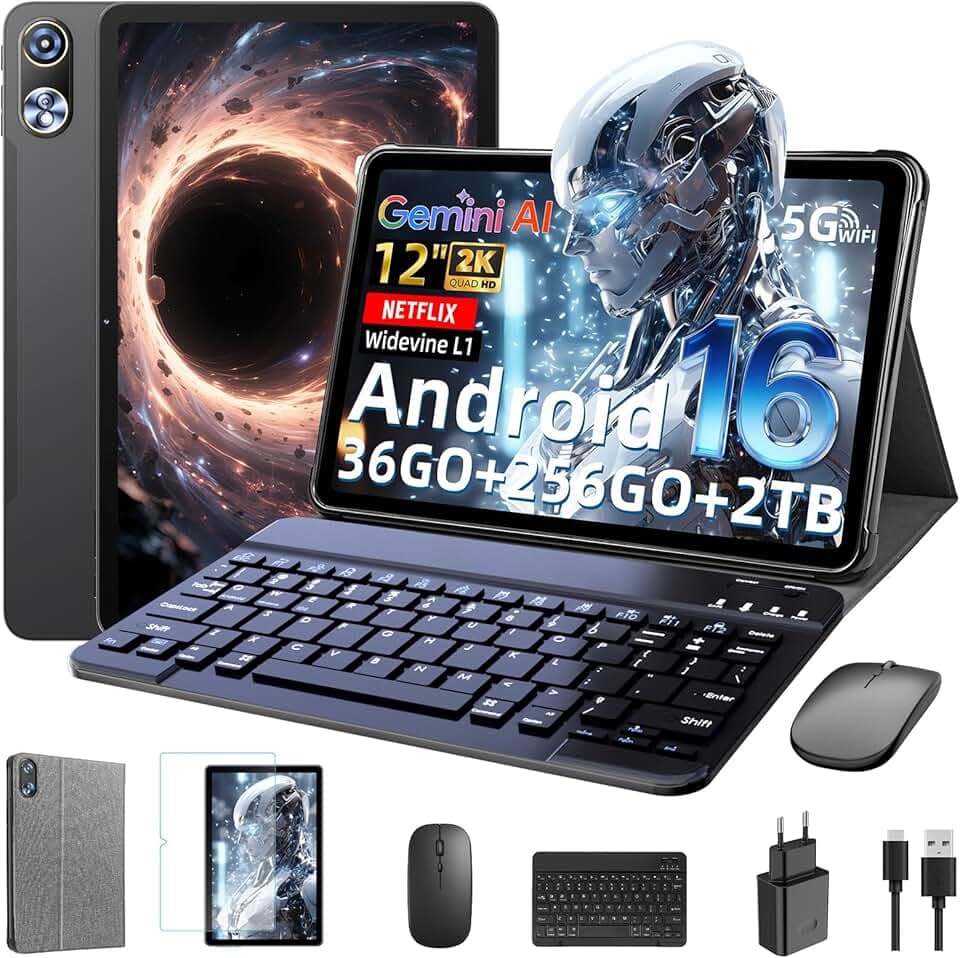 Tablette 12 Pouces avec clavier｜ Android 16 avec Gemini AI｜ 36GB RAM + 256GB ROM (2TB TF)｜2000*1200 Écran HD 90Hz｜ Octa-core Unisoc T7250｜ Caméra 8MP+20MP｜ Face ID｜ Widevine L1｜ 9000mAh｜ GPS (Gris)
