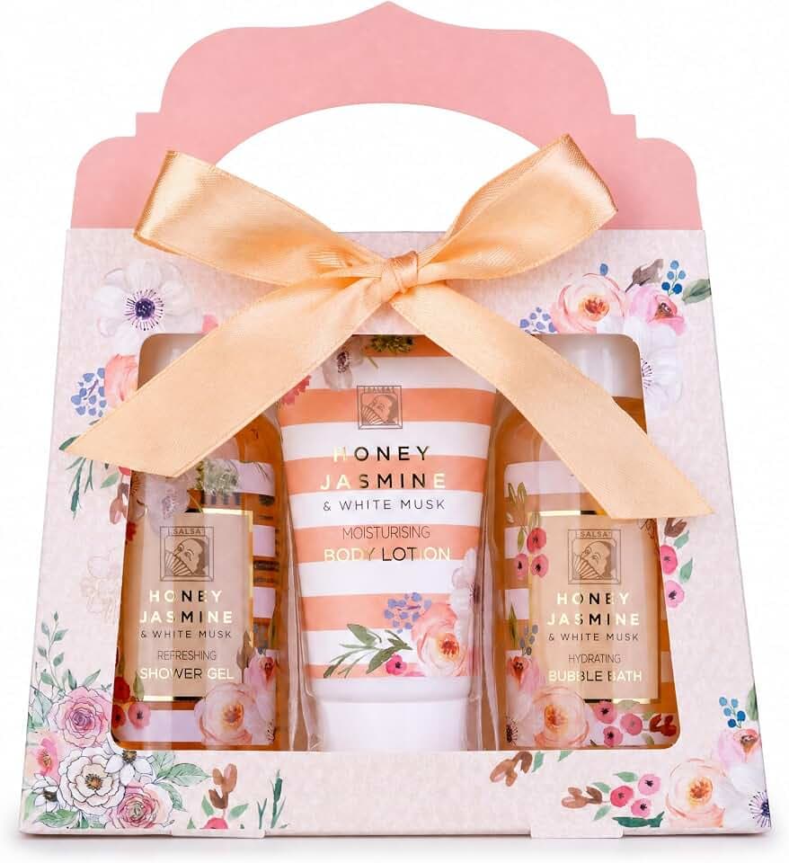 Accentra coffret de bain HONEY JASMINE et White Musk cadeau femme | Présent prêt à offrir, ruban satiné, motifs fleuris, tons abricot, blanc, doré, rituel soin avec trois produits coordonnés
