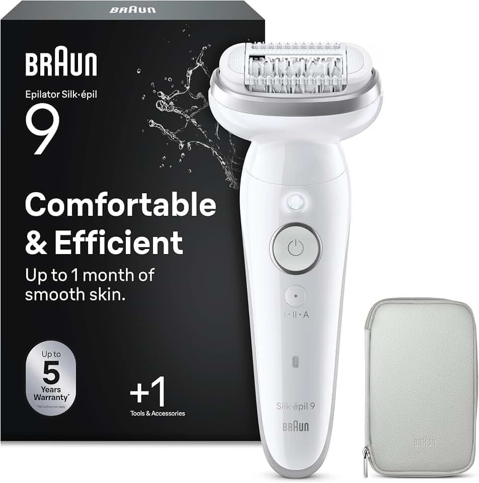 Braun Silk-épil 9, Épilateur Avec Tête Pivotante Pour Épilation Facile, Même Pour Les Zones Sensibles, Appareil De Précision Pour Une Peau Douce Longue Durée, 9-011, Étanche, Blanc/Argent GreenCircle Certified: Certified Energy Savings