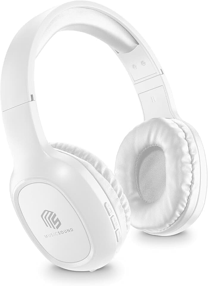 Music Sound | Casque Bluetooth Basic | Casque Bluetooth Supra-auriculaire avec Bandeau Extensible - Autonomie 14h - Recharge 2h - Voyant LED et entrée AUX - Couleur Blanc