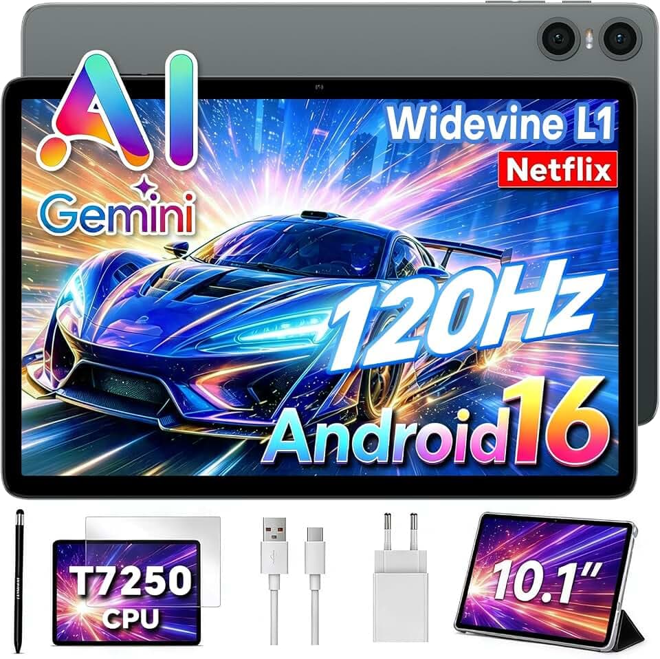 TECLAST P30T Tablette 10 Pouces 120Hz, avec Étui, Android 16,16Go+128Go+5To | Gemini AI, 6000 mAh,Otocœur T7250, Widevine L1,5G WIFi, BT 5.4, GPS, OTG,Tablette avec Stylet+Étui+Protecteur d'écran