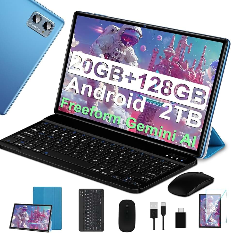 Tablette 10 Pouces Android Octa Core avec 20Go RAM + 128Go ROM (2To TF) | 5G + 2.4G WiFi | FHD | GMS | Bluetooth 5.0 | 8MP + 5MP | Type C, Tablette Tactile avec étui, Clavier et Souris -Blu