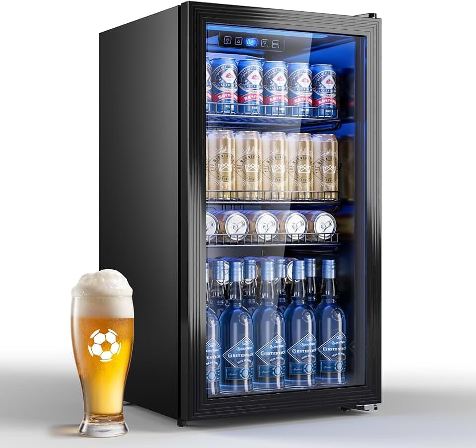 TRIUMPHKEY Réfrigérateur à Boissons 90 L avec Porte Vitrée, Mini Frigo pour 128 Canettes, Étagères Réglables pour Bière, Vin et Soda, Idéal pour Maison, Bar, Bureau ou Appartement Étiquetage Énergétique