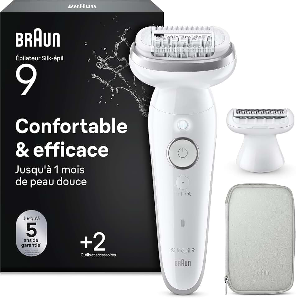 Braun Epilateur Electrique Femme Silk Epil 9, 9-041, Argent | Etanche, sans Fil, Tête Pivotante, Coffret avec Sabot Tondeuse, Embout de Rasage GreenCircle Certified: Certified Energy Savings