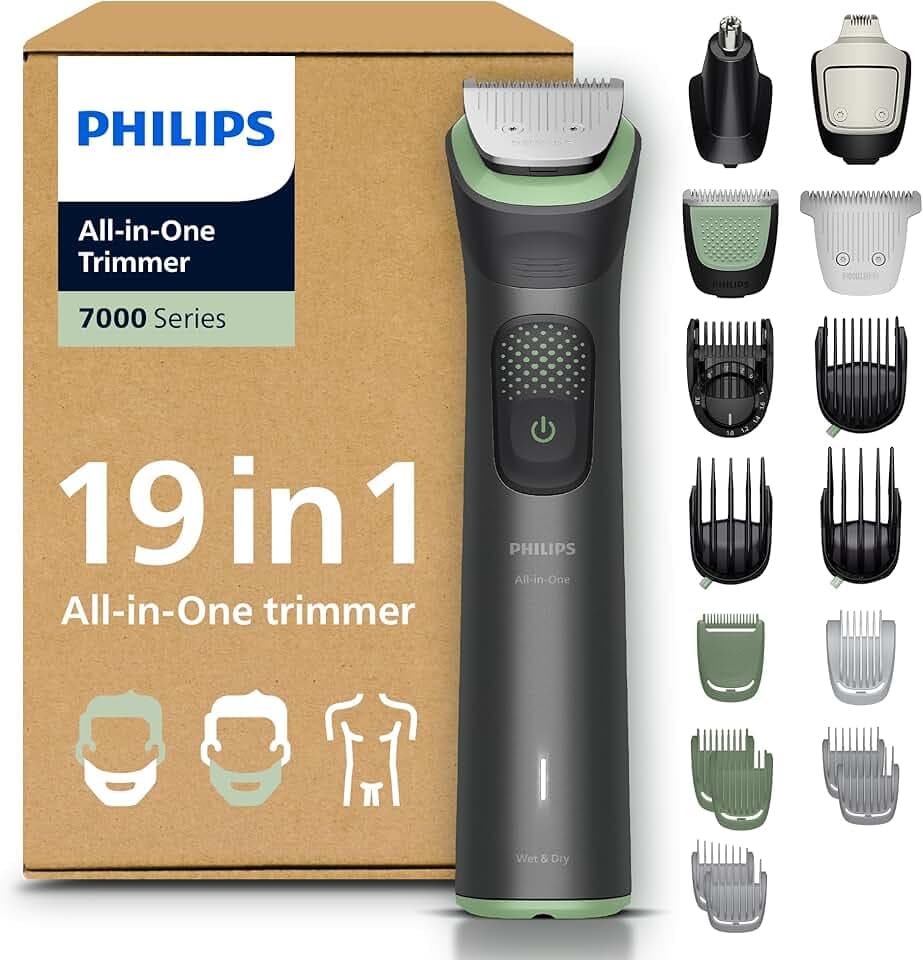 Philips Multigroom série 7000 Tondeuse tout-en-un 19 accessoires – tondeuse pour barbe, cheveux et corps, lames en métal auto-affûtées, 26 hauteurs de coupe (0,5-20 mm), modèle MG7962/30