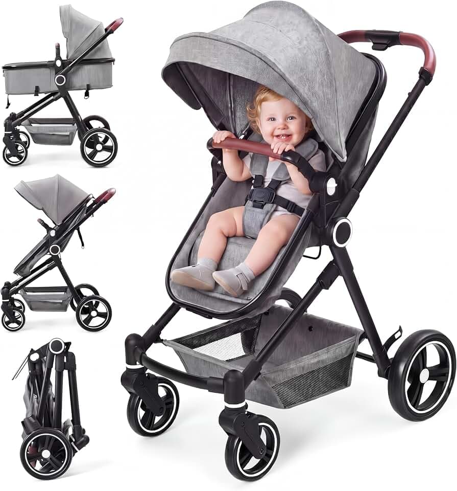 Poussette 2 En 1, Poussette Combinée Compacte Légère Pliable Avec Siège Inclinable, Landau Réglable, Poussette Bébé Confort Tout Terrain Haut Paysage, 0-3 Ans